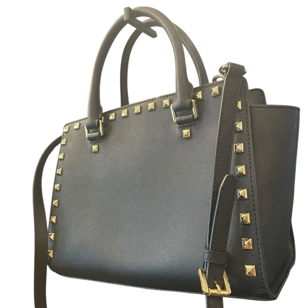 Michael Kors Black Studded Saffiano Leather‎ Satchel Crossbody Medium Purse Bag
